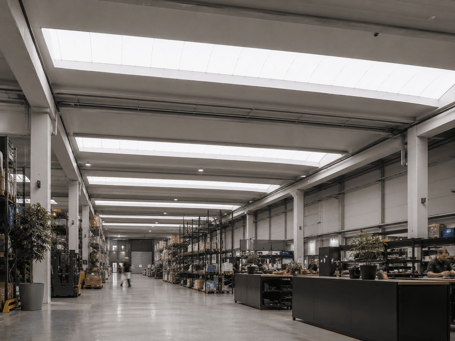 Interieur van een bedrijfshal met lichtstraten in het dak