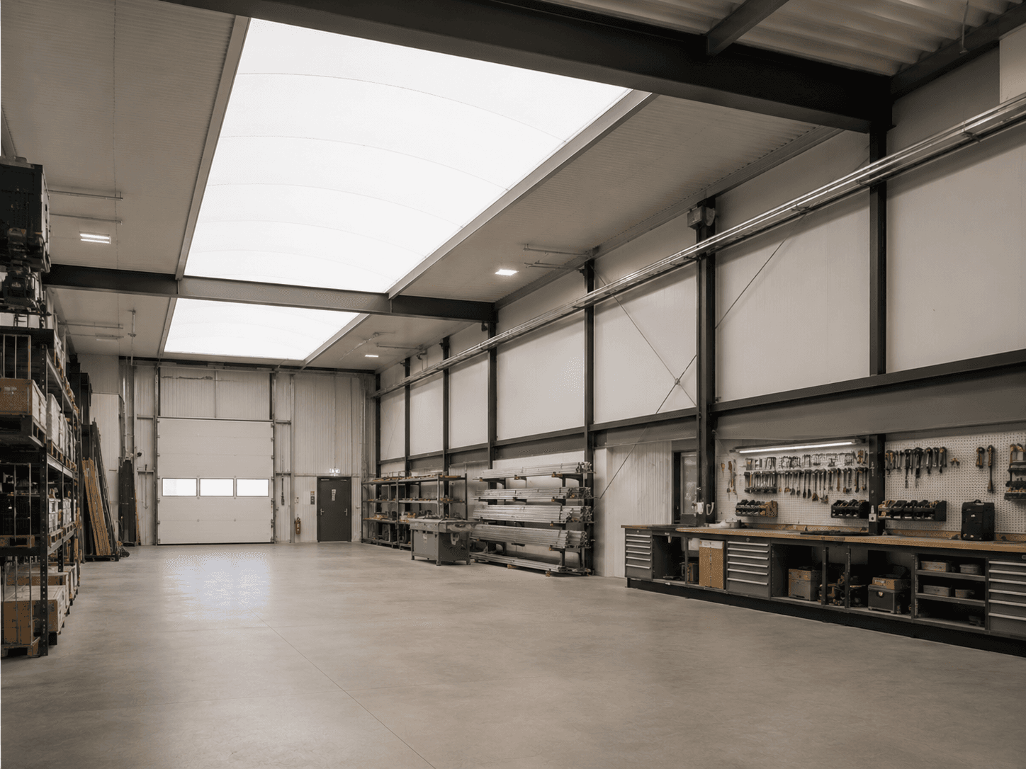 Werkvloer in een bedrijfspand met daglicht via lichtstraten