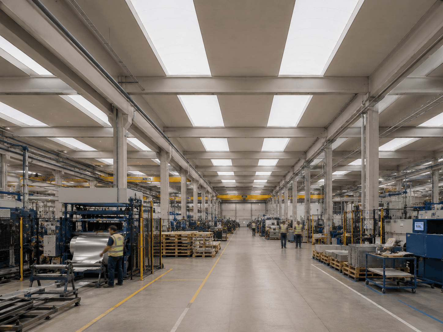 Medewerkers aan het werk in een bedrijfshal met lichtstraten in het dak