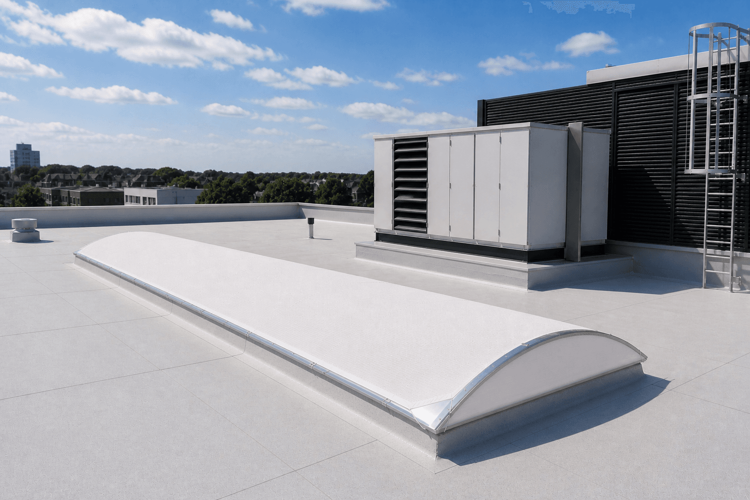 Sheltic zonweringsdoek gemonteerd op lichtstraten van een bedrijfspand